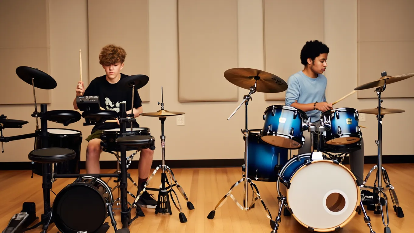 photo de deux batteurs avec une batterie acoustique et une électronique