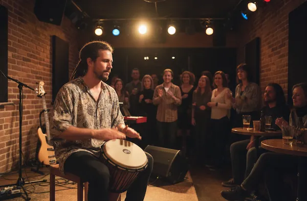 photo d’un joueur de djembé en plein concert