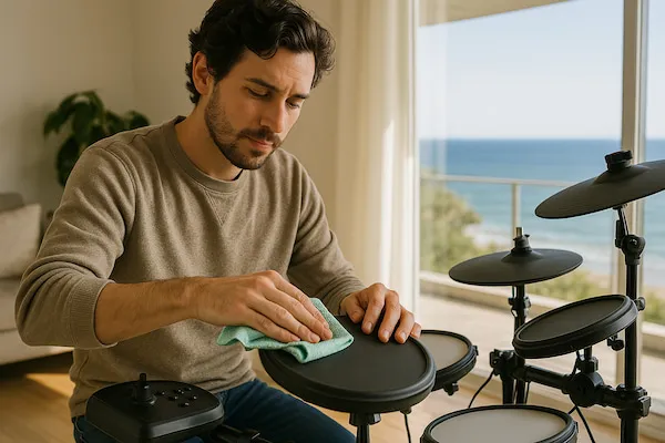 photo d'un batteur qui nettoie un pad de batterie électronique