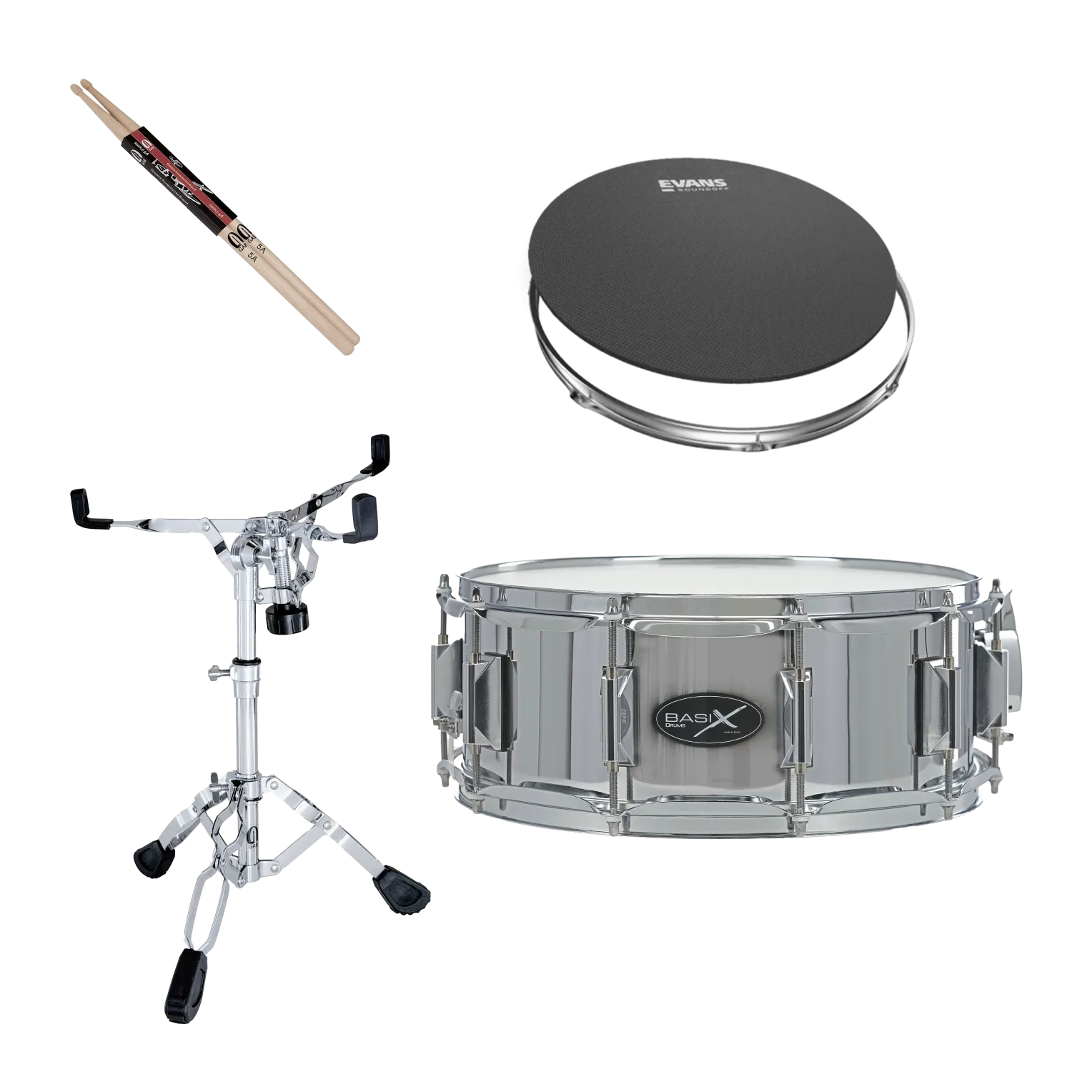 Pack BASIX Caisse Claire 14"x 5,5" Acier + Stand + Sourdine + Baguettes 5A
