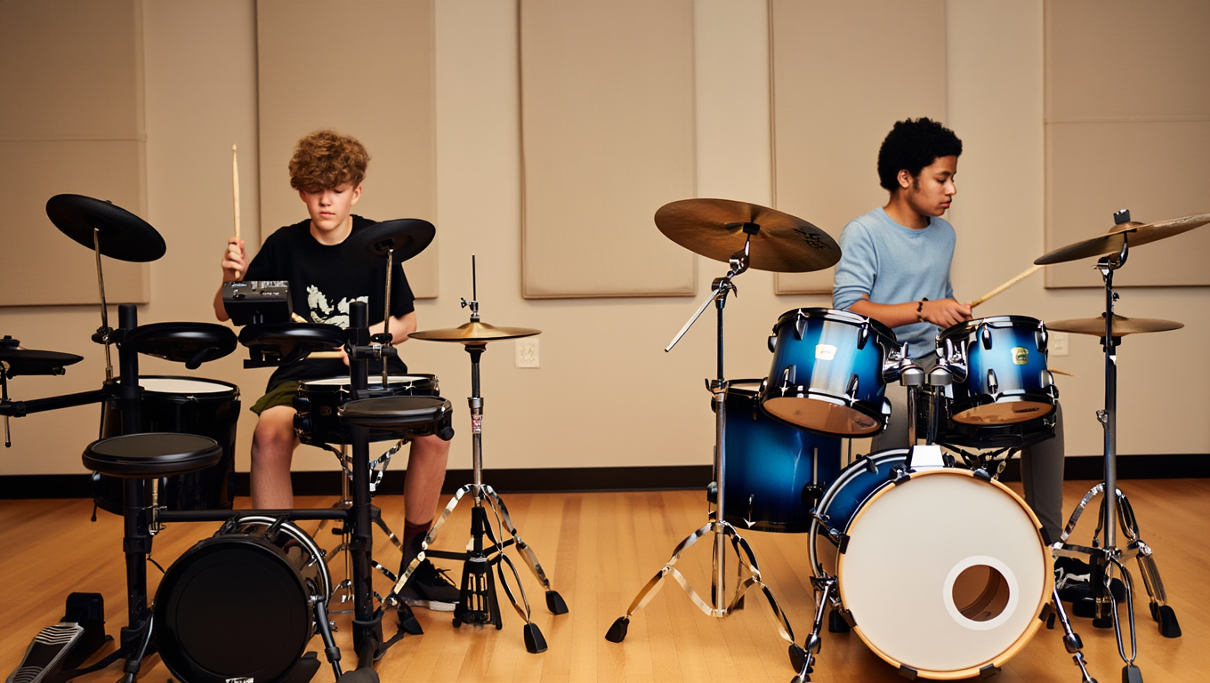 photo de deux batteurs avec une batterie acoustique et une électronique