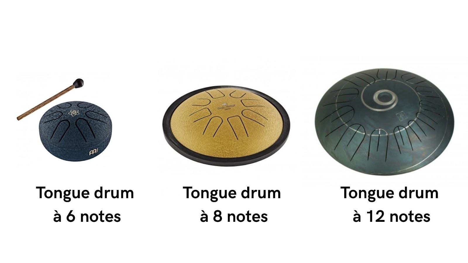 Photo qui permet de comparer 3 tailles de tongue drum 