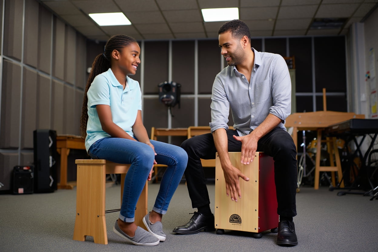 photo d’une élève à côté de son professeur de cajon